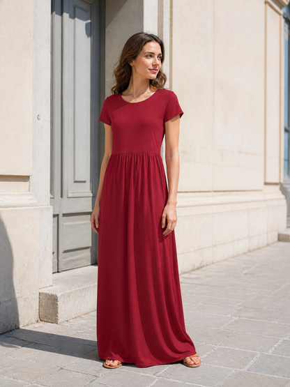 Women's Long Dress with Short Sleeves and Gathering
