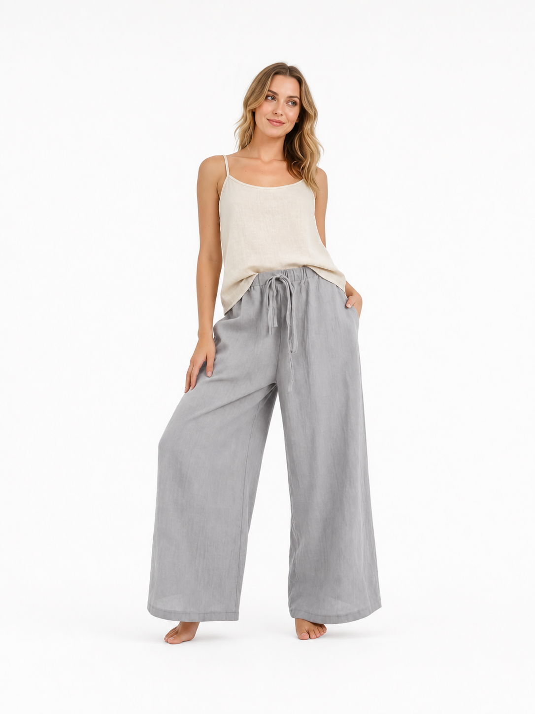 Gray wide-leg jeans with a drawstring and elastic waistband