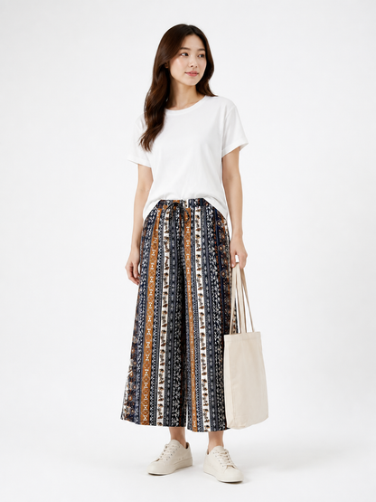 Boho Pattern Palazzo Pants with Drawstring Waist