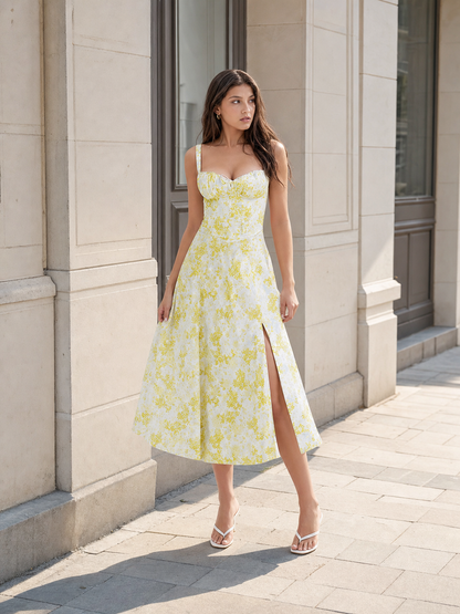 Women’s midi dress with straps and yellow flowers