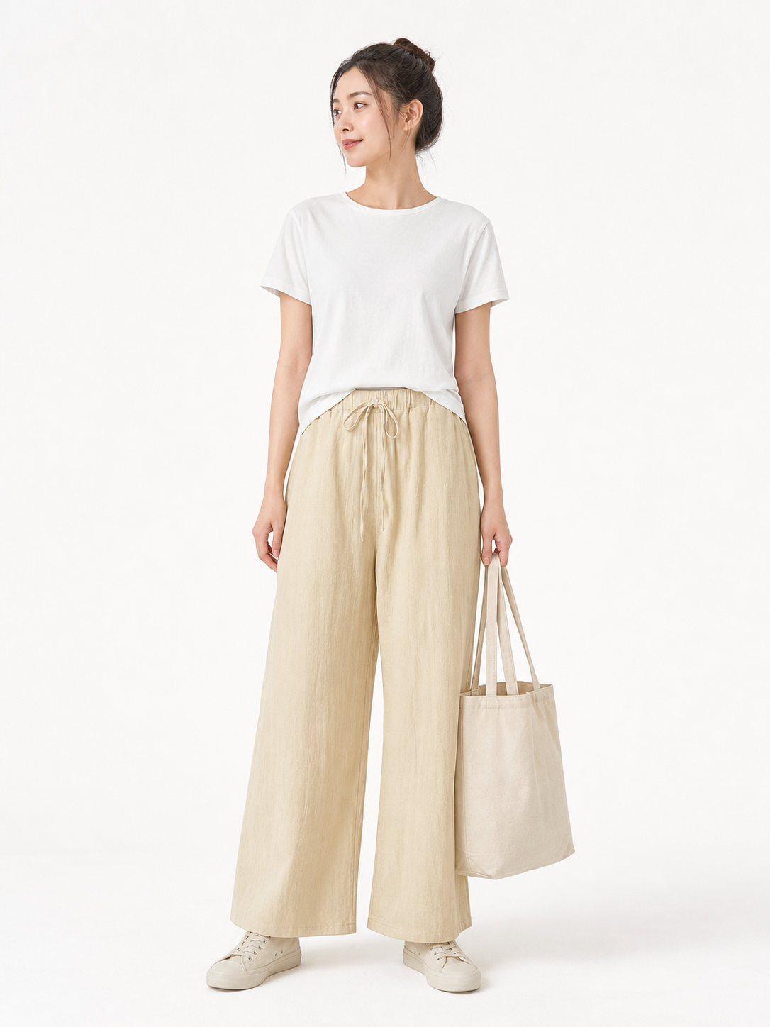 Light Khaki Full-Length Wide-Leg Pants