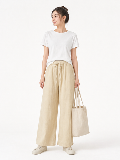 Light Khaki Full-Length Wide-Leg Pants