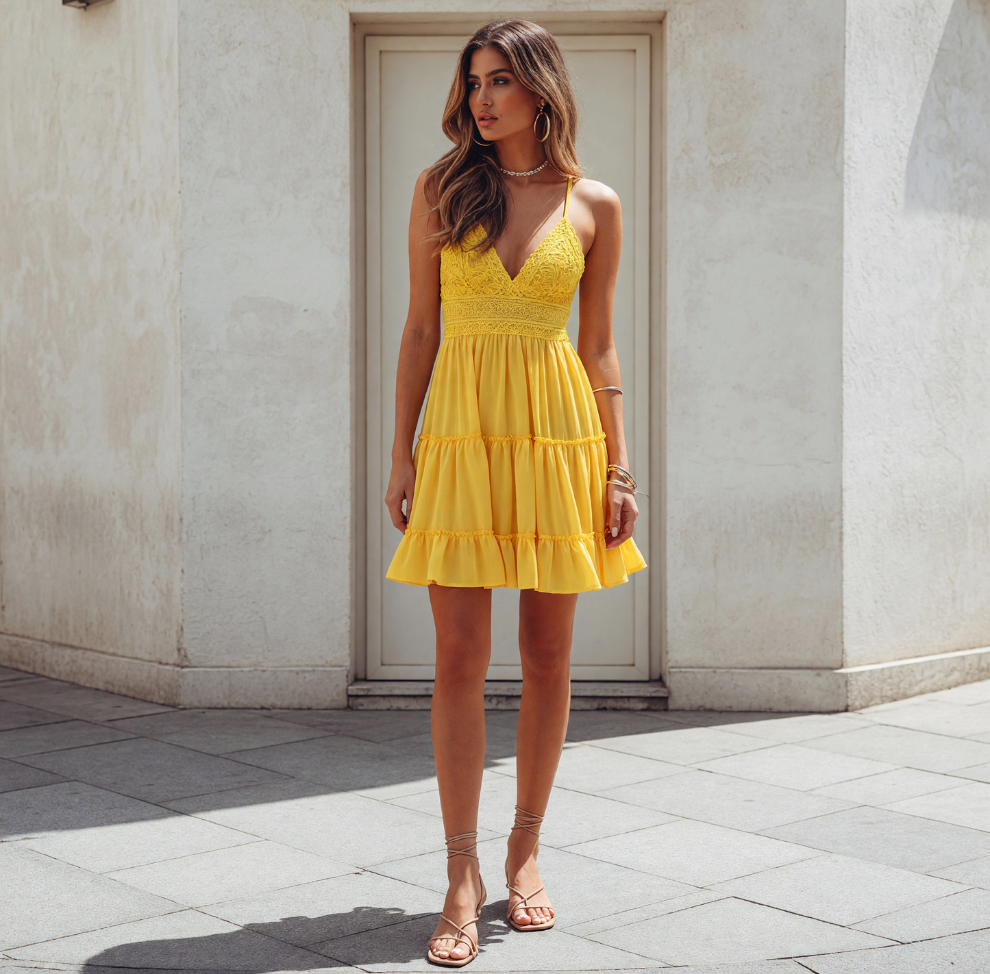 Yellow Women’s V-Neck Strappy Dress with Ruffles