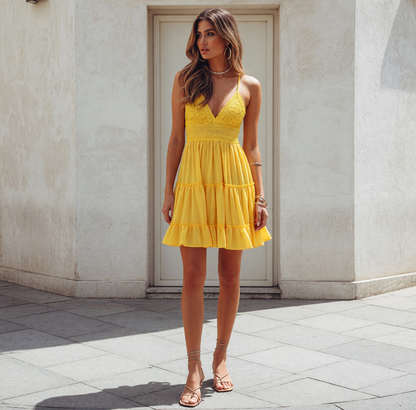 Yellow Women’s V-Neck Strappy Dress with Ruffles