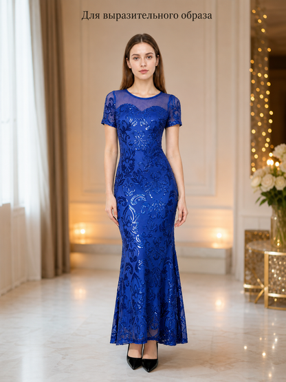 Blue evening dress with floral pattern and sequins