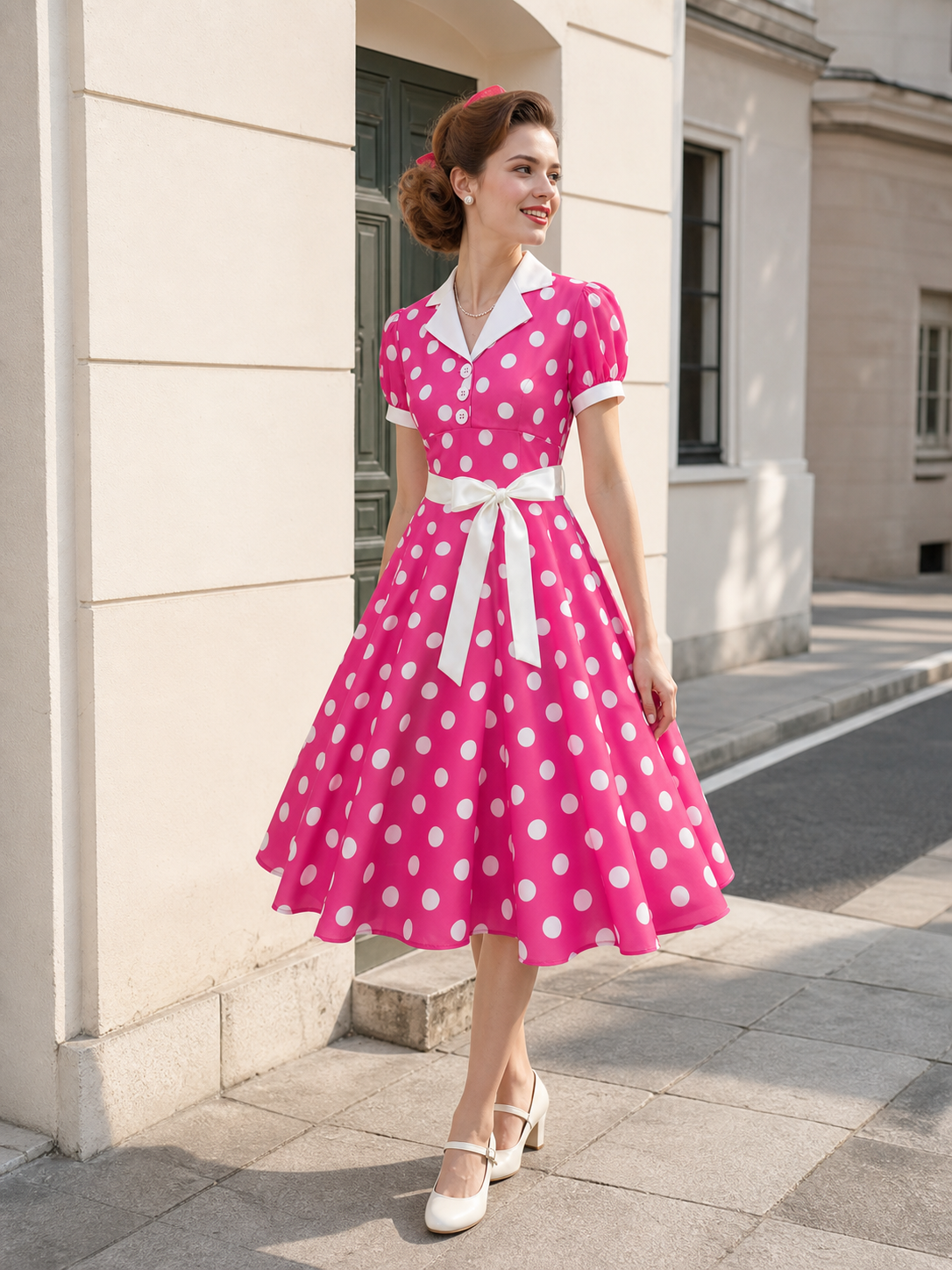Polka Dot Dress with White Collar and Bow