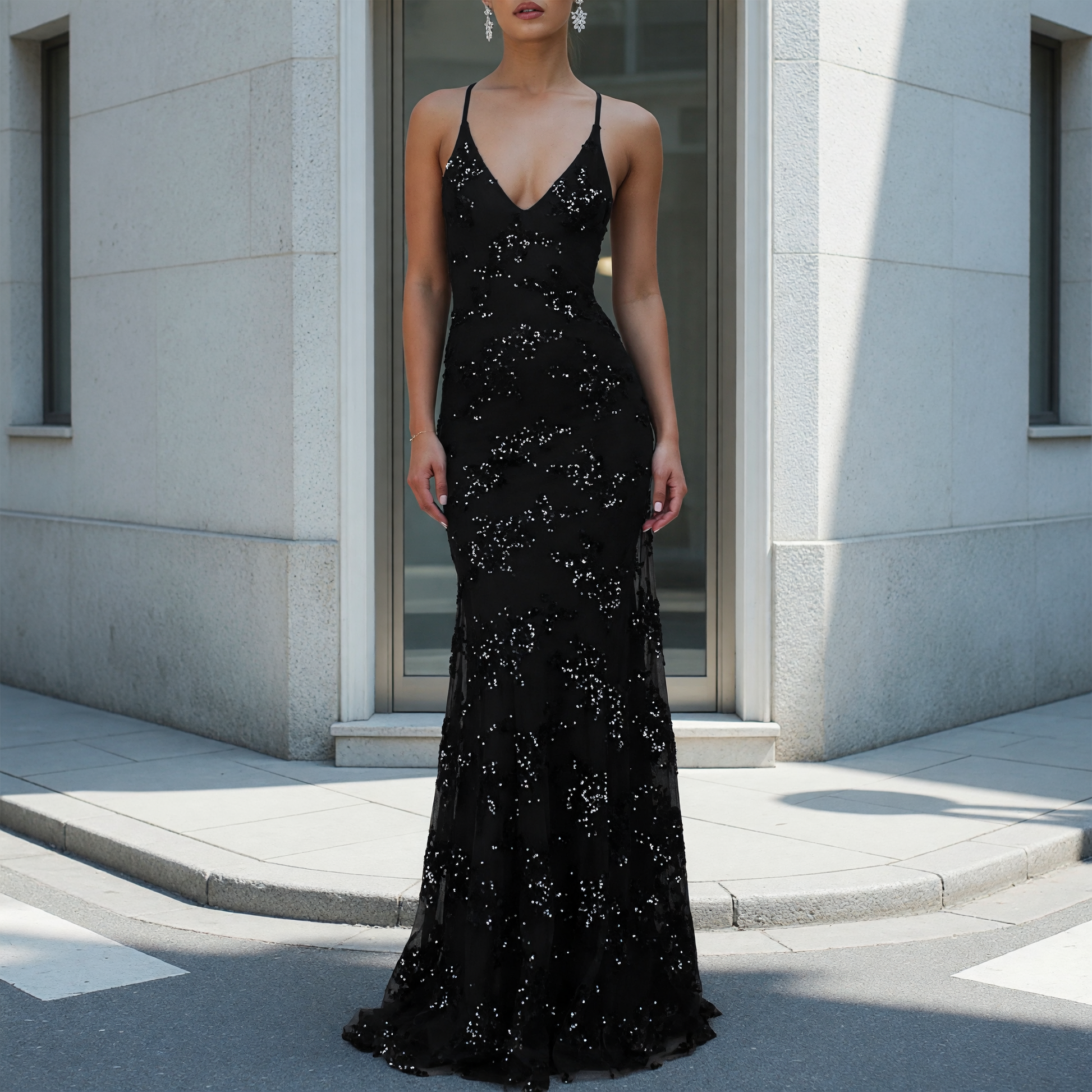Black women’s sequin dress with a V-neck and mermaid skirt