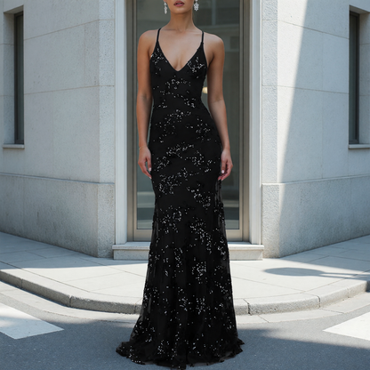 Black women’s sequin dress with a V-neck and mermaid skirt