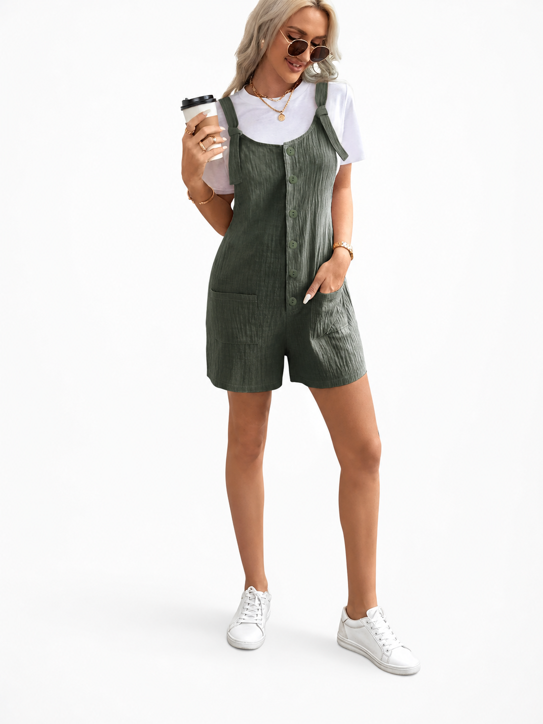 Women's khaki overall shorts with pockets