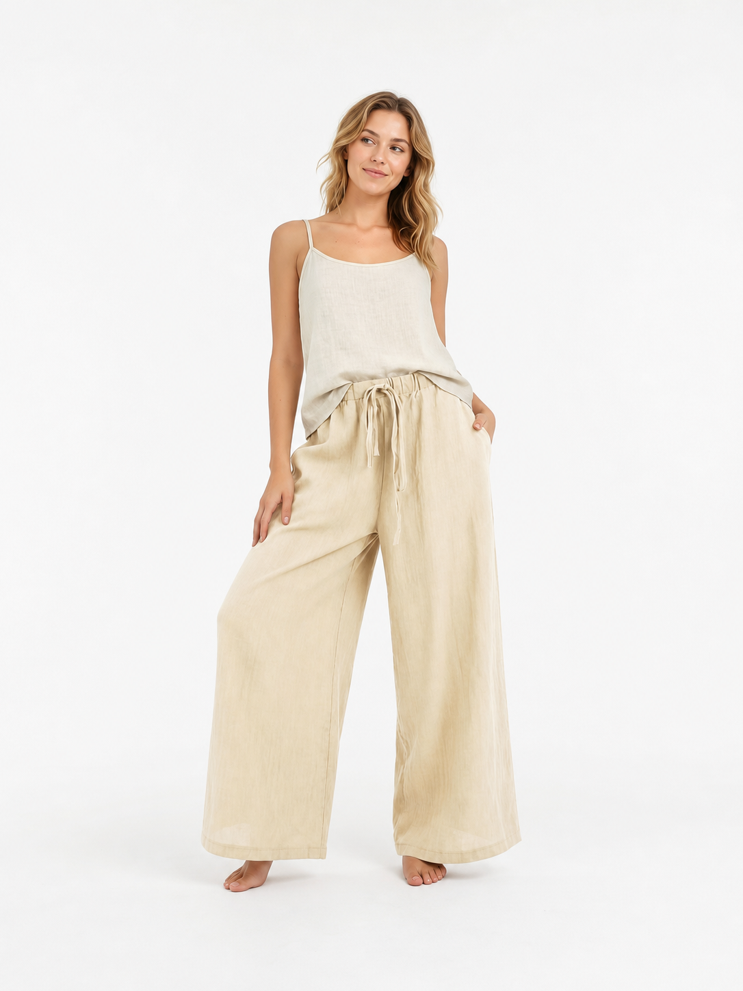 Beige Wide-Leg Pants with an Elastic Waistband and Drawstring