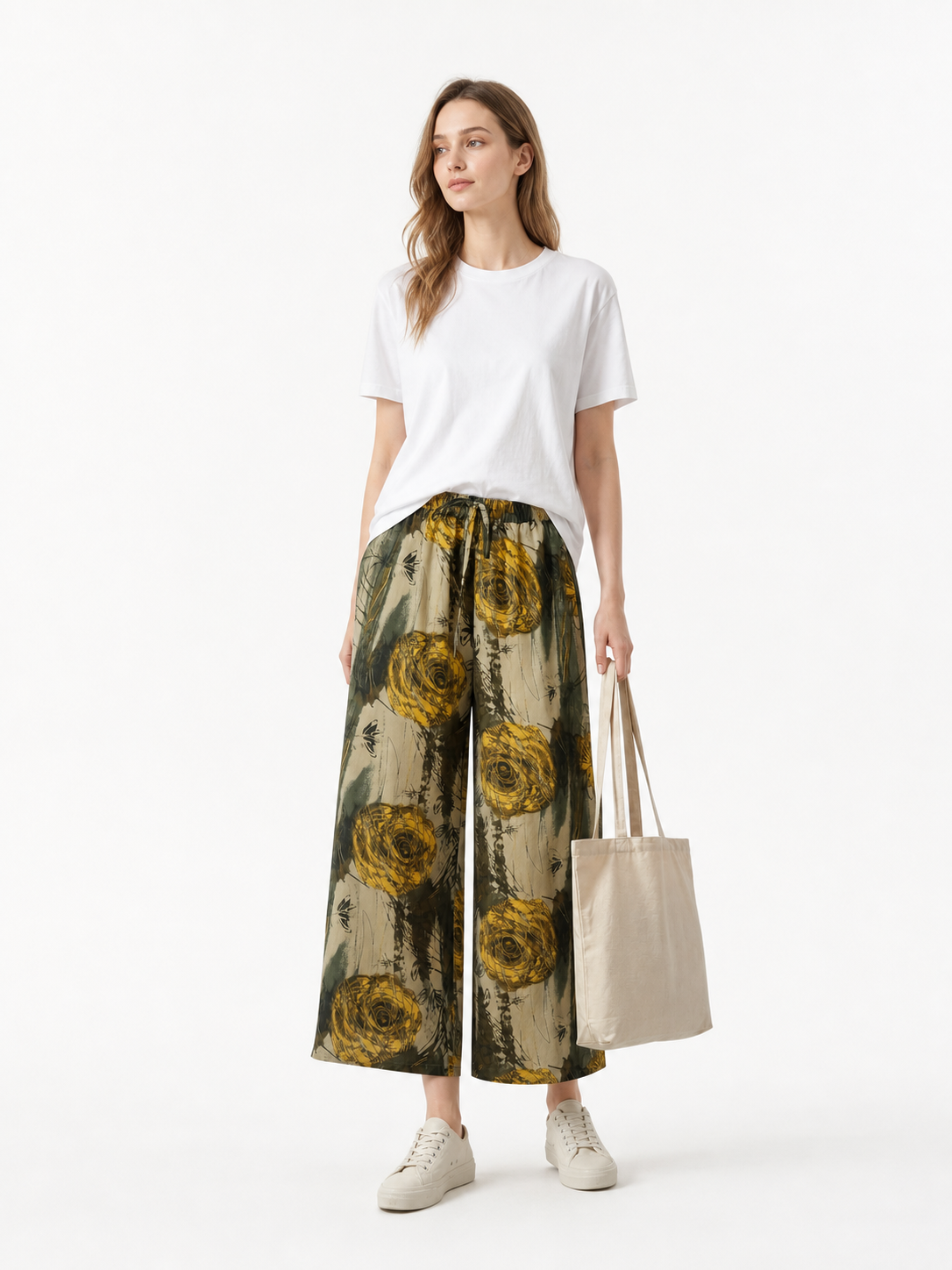 Palazzo Pants with Floral Print and Drawstring