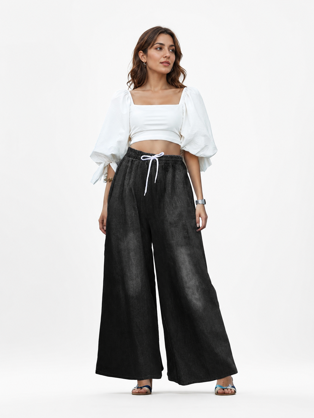 Solid Black Wide-Leg Pants with Elastic Waist and Contrast White Drawstrings