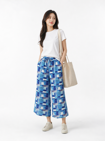 Blue and White Palazzo Pants with Geometric Print