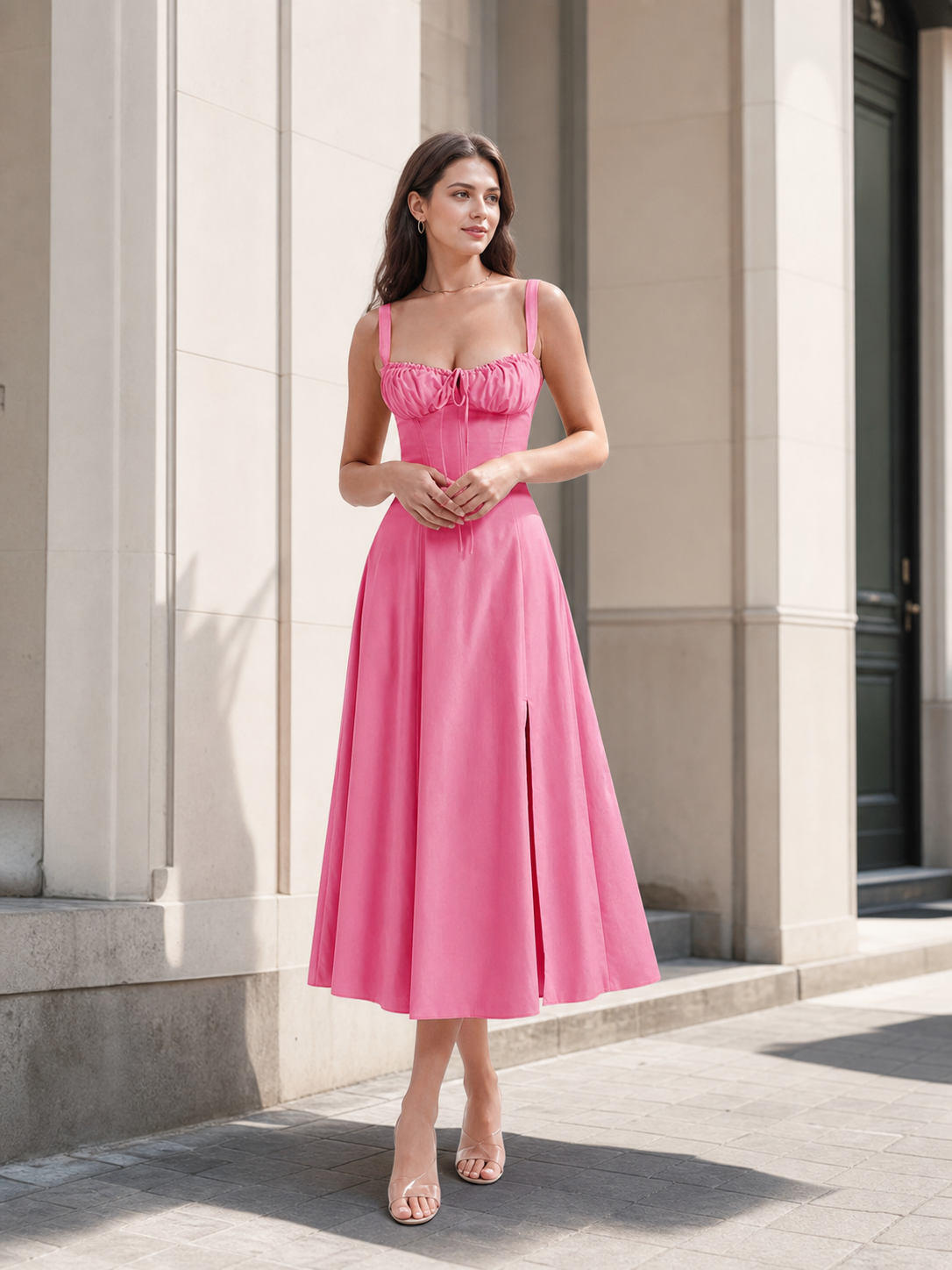 Pink spaghetti strap dress with a tie and an A-line silhouette