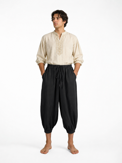 Black Cropped Aladdin Pants, Cotton Linen