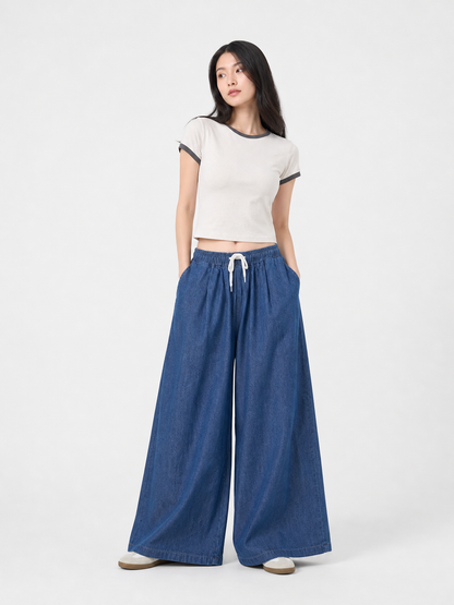 Blue wide-leg pants with an elastic waistband