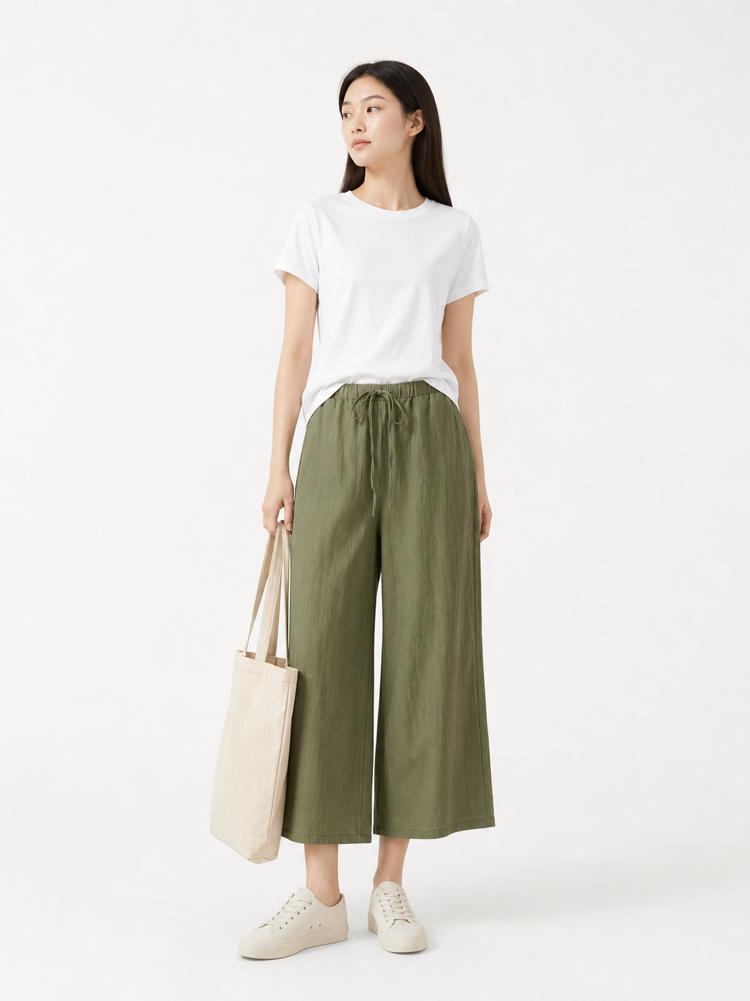 Wide-leg pants with a high elastic waistband, army green