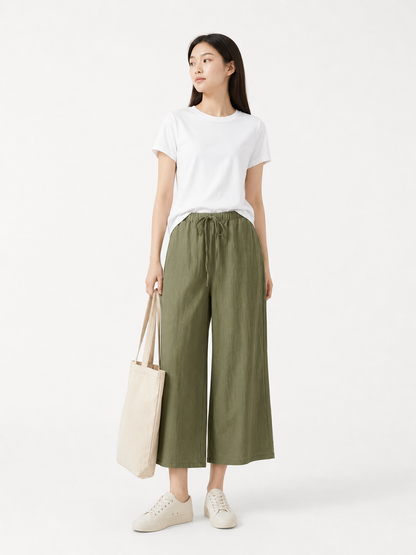 Wide-leg pants with a high elastic waistband, army green