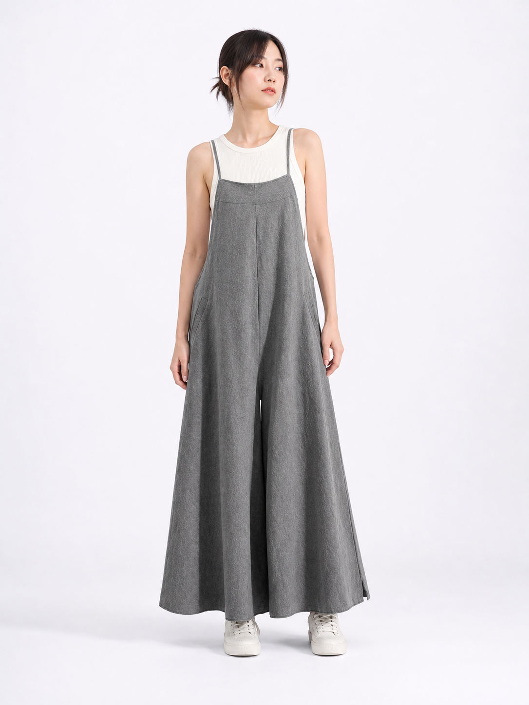 Gray Wide-Leg Overalls with Straps