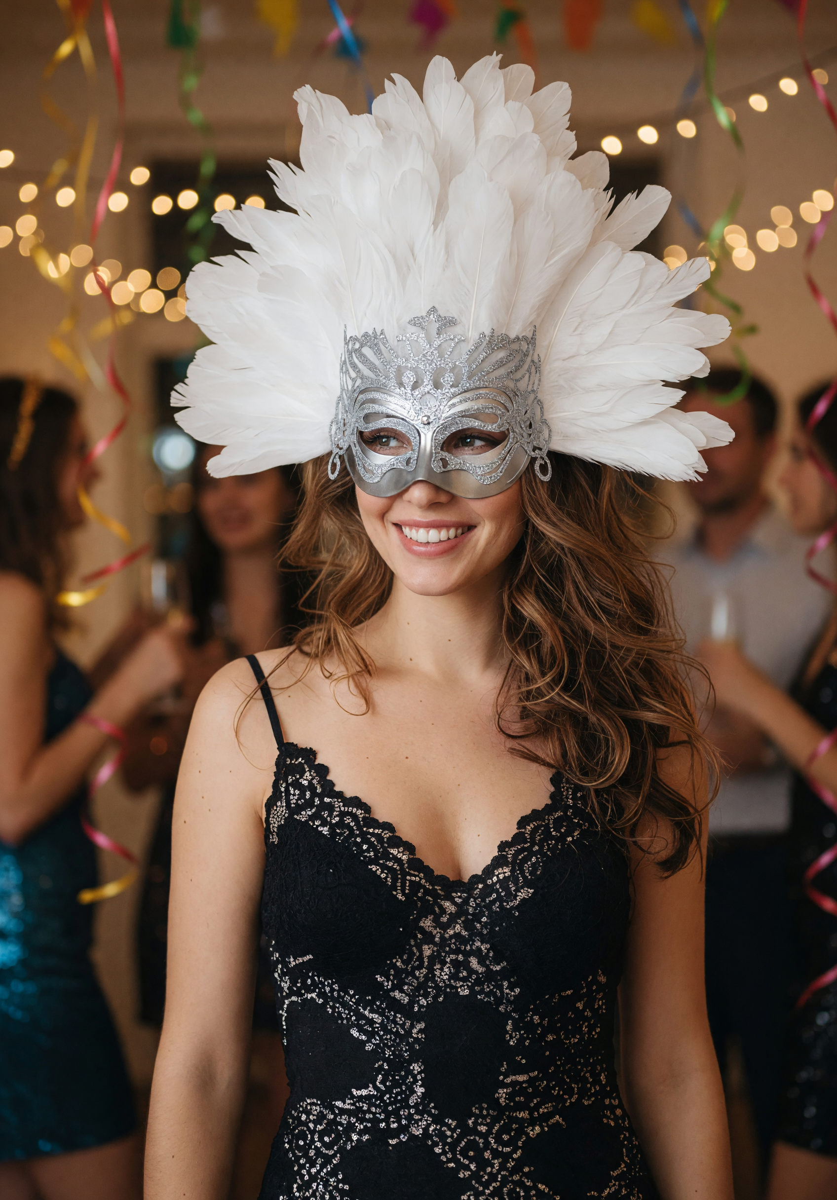 1pc White Feather Mask with Silver Lace Hollow Out, Crown Headdress for Vintage