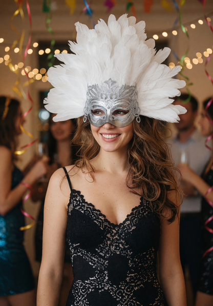 1pc White Feather Mask with Silver Lace Hollow Out, Crown Headdress for Vintage