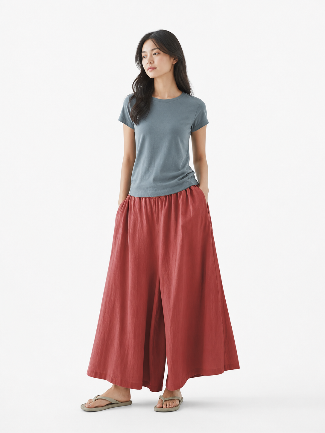 Wide-Leg Pants with Elastic Waistband and Side Pockets