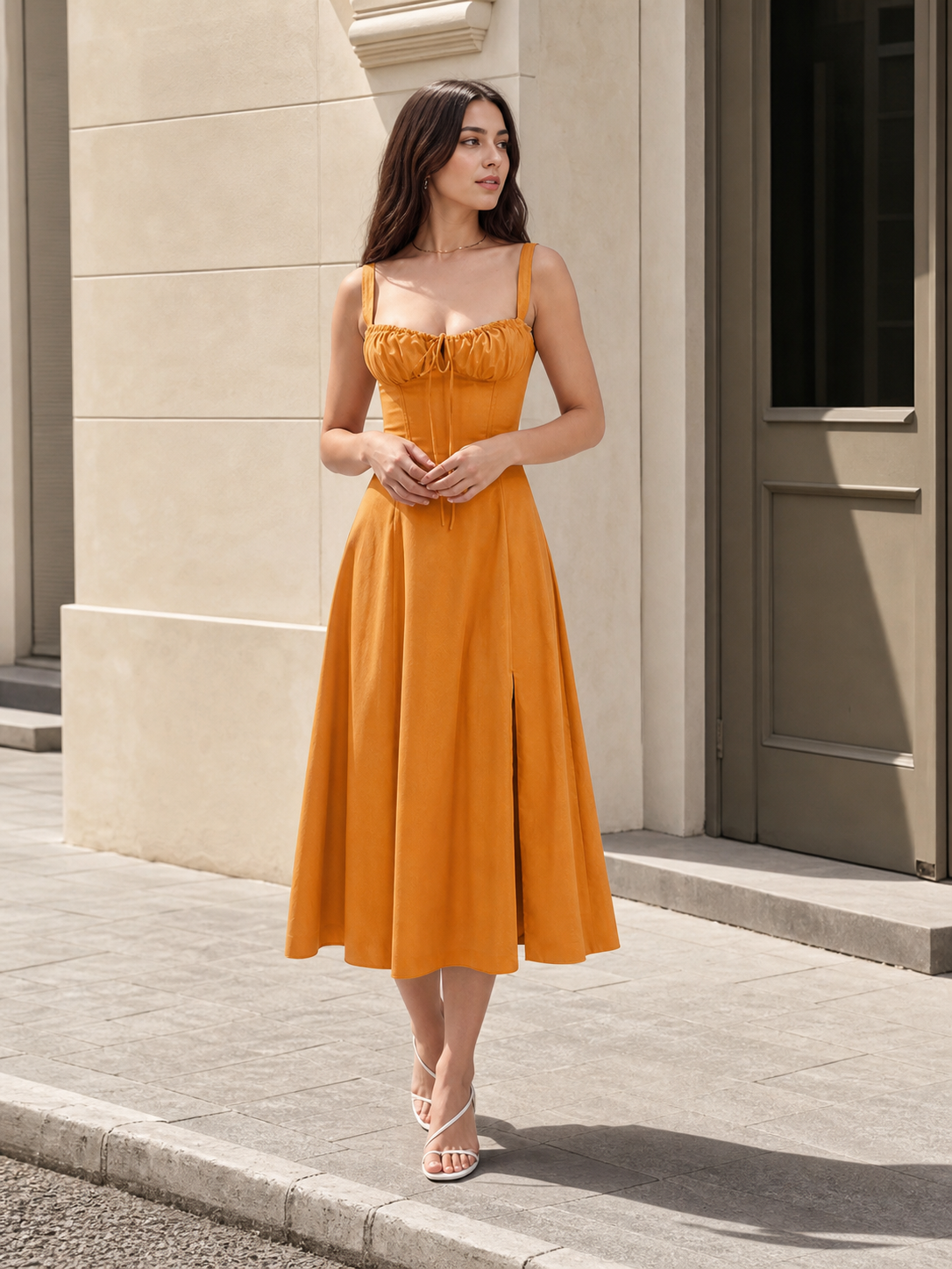 Orange-Red Sleeveless Dress with Wide Straps, Gathered Bust, Tie Front, and Flared A-Line Skirt
