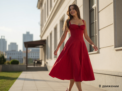 Red dress with thin straps and a fitted silhouette