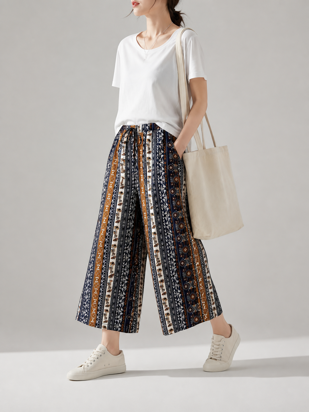Boho Pattern Palazzo Pants with Drawstring Waist