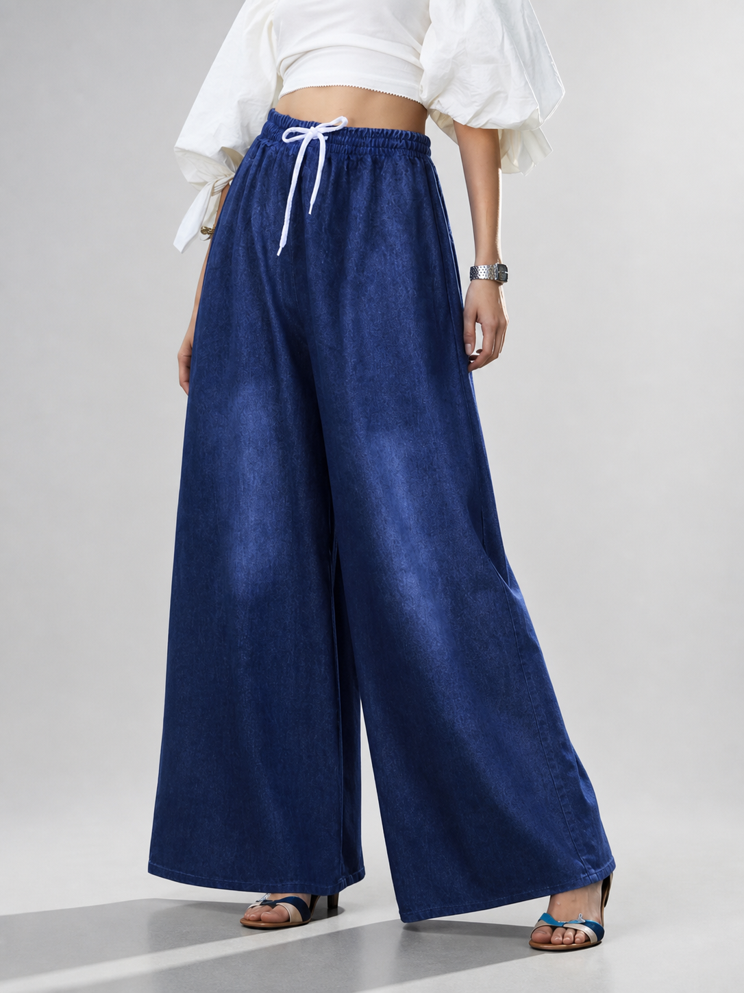 Dark Blue Palazzo Pants with an Elastic Waistband and White Drawstring