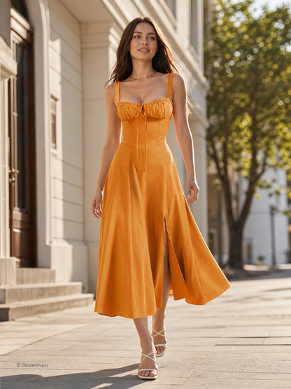 Orange-Red Sleeveless Dress with Wide Straps, Gathered Bust, Tie Front, and Flared A-Line Skirt