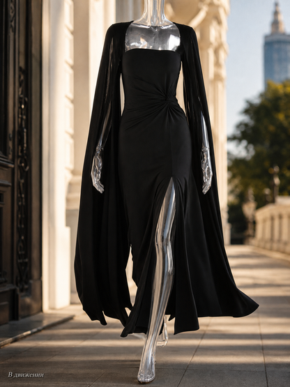 Black Fitted Long Dress with Square Neckline