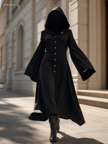 Women's Long Hooded Cloak with Flared Sleeves
