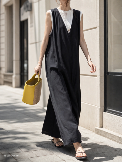Long Black Sleeveless Dress with V-Neck