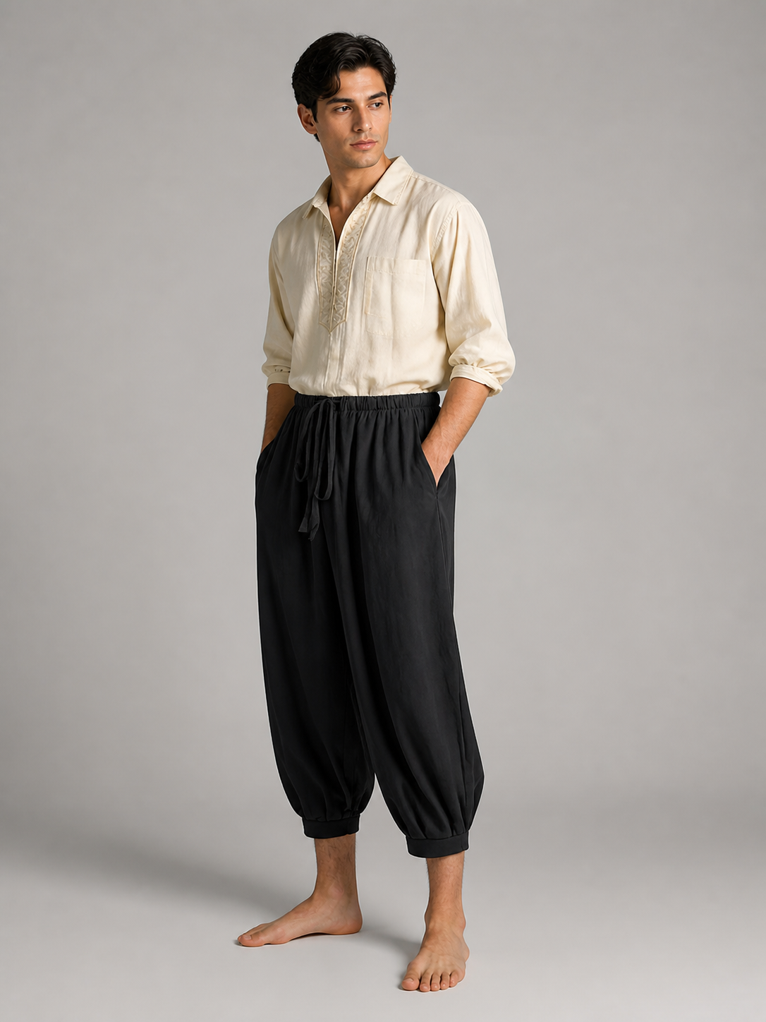 Black Cropped Aladdin Pants, Cotton Linen