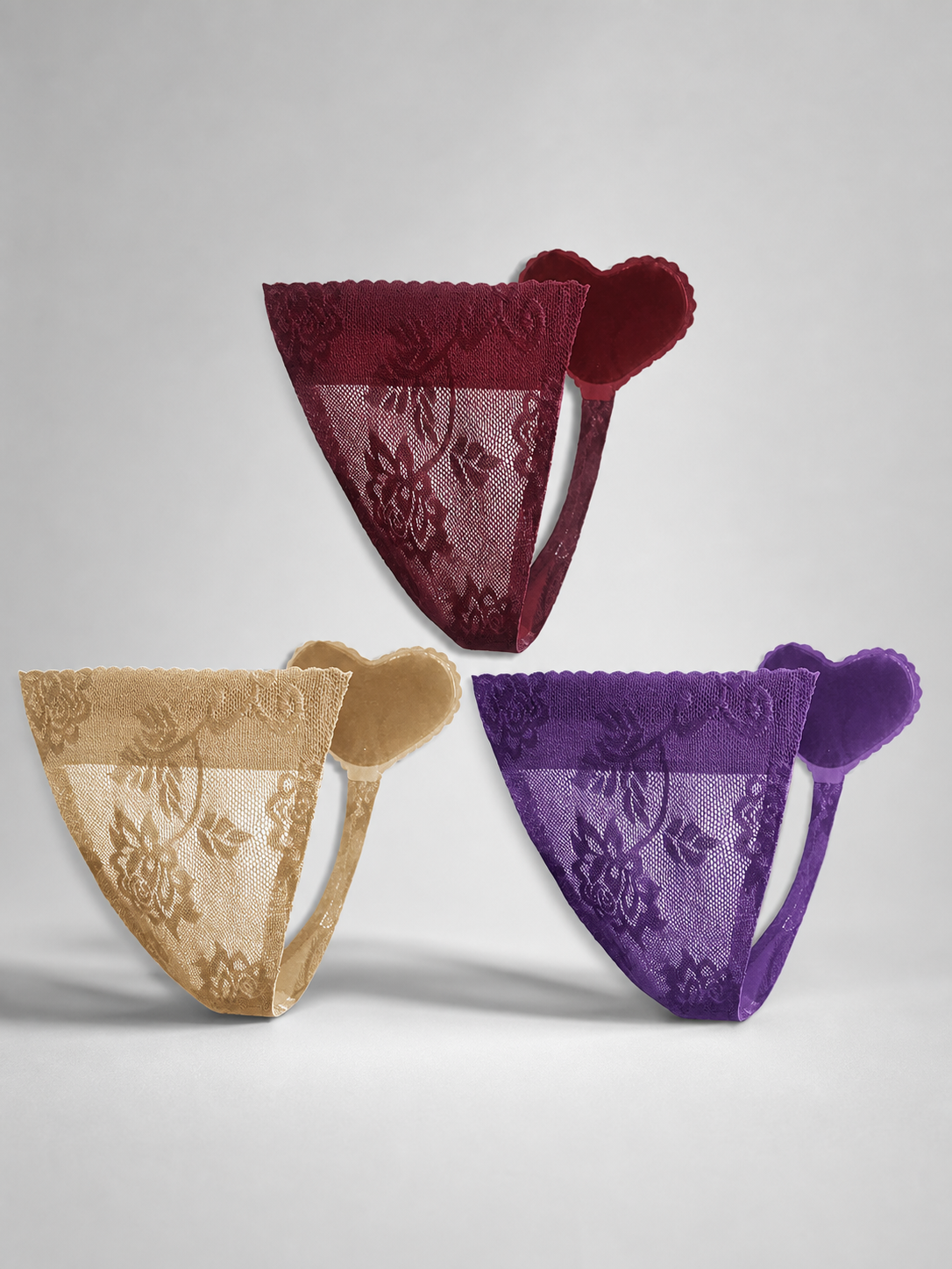Lace triangle panties, 3-pack (burgundy, nude, purple)