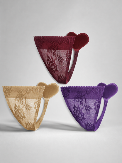Lace triangle panties, 3-pack (burgundy, nude, purple)