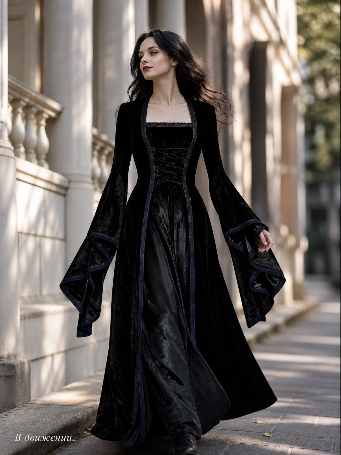 Gothic Black Dress with Lace-Up Detail and Long Sleeves