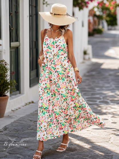 Women's Long Spaghetti-Strap Dress with Print