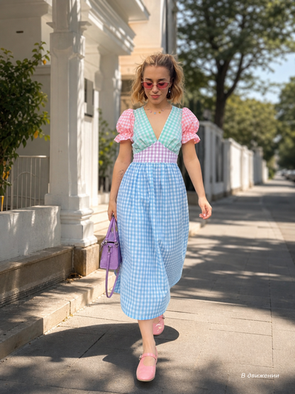 Plaid Midi Dress with a V-Neck and Puff Sleeves