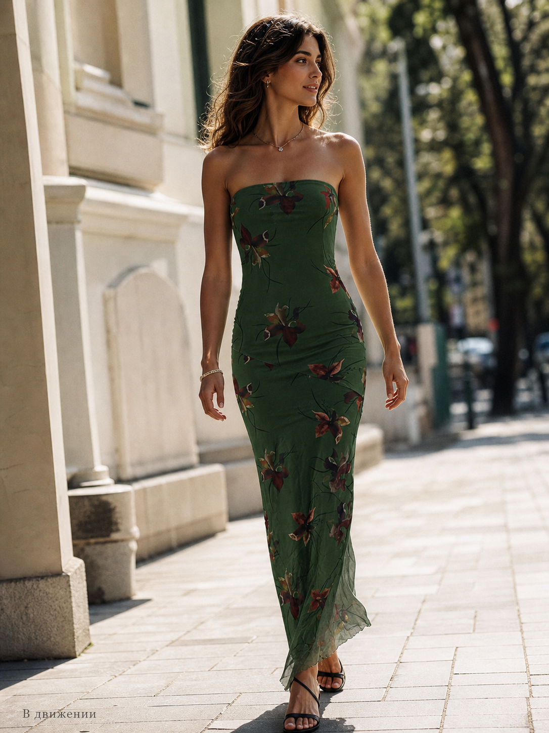 Women's Long Strapless Dress with Floral Print