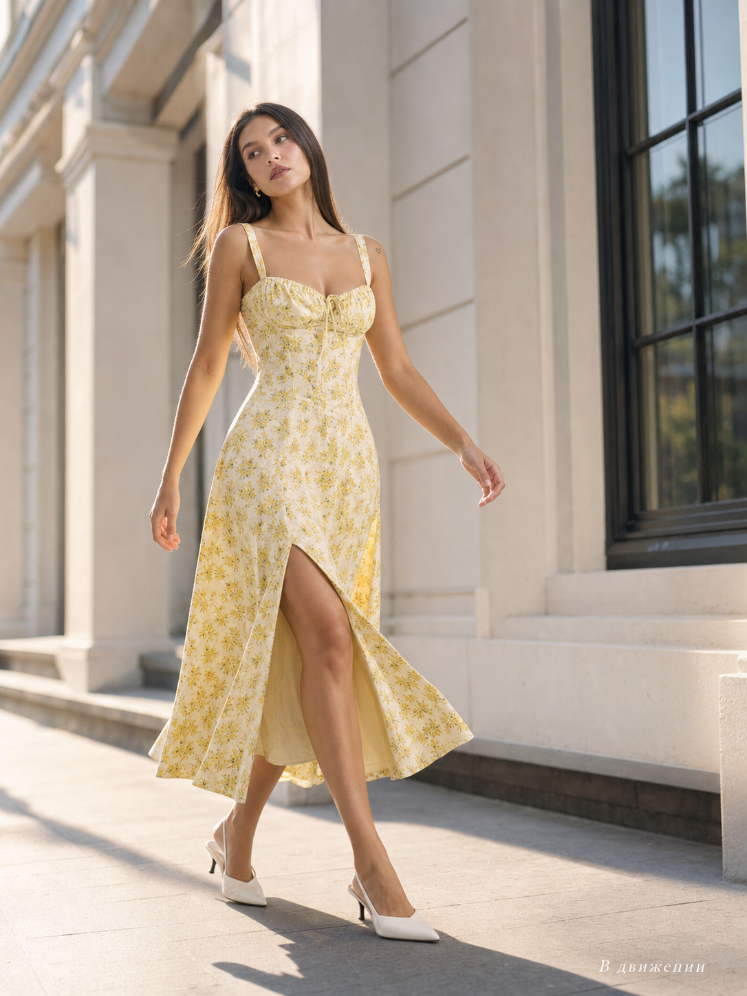 Women's Yellow Midi Dress with Slit and Square Neckline