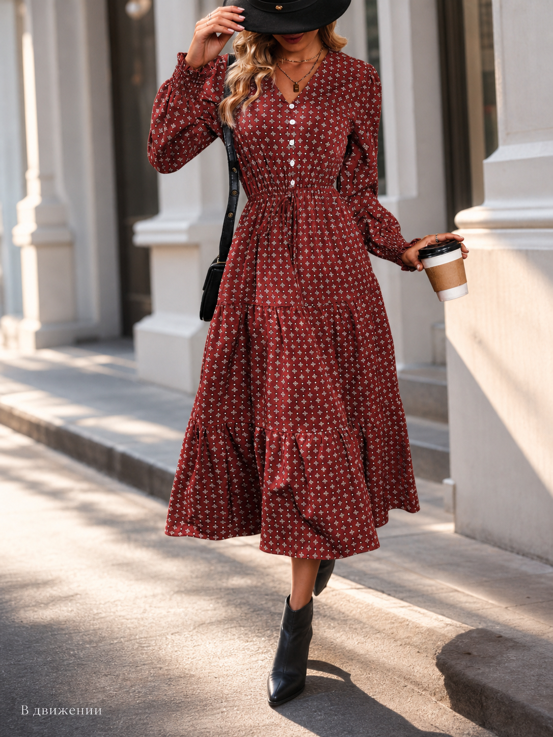 Women's long burgundy dress with print
