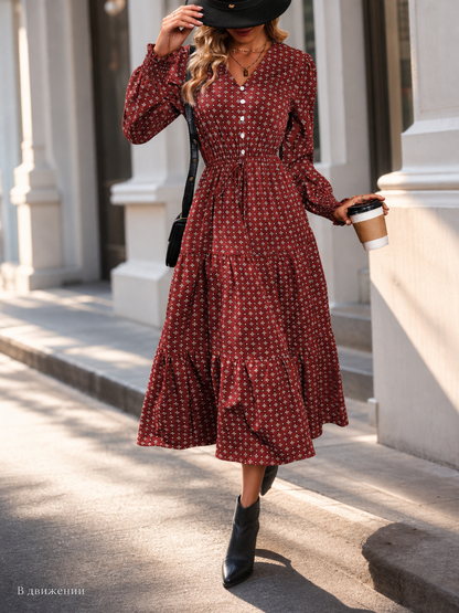 Women's long burgundy dress with print