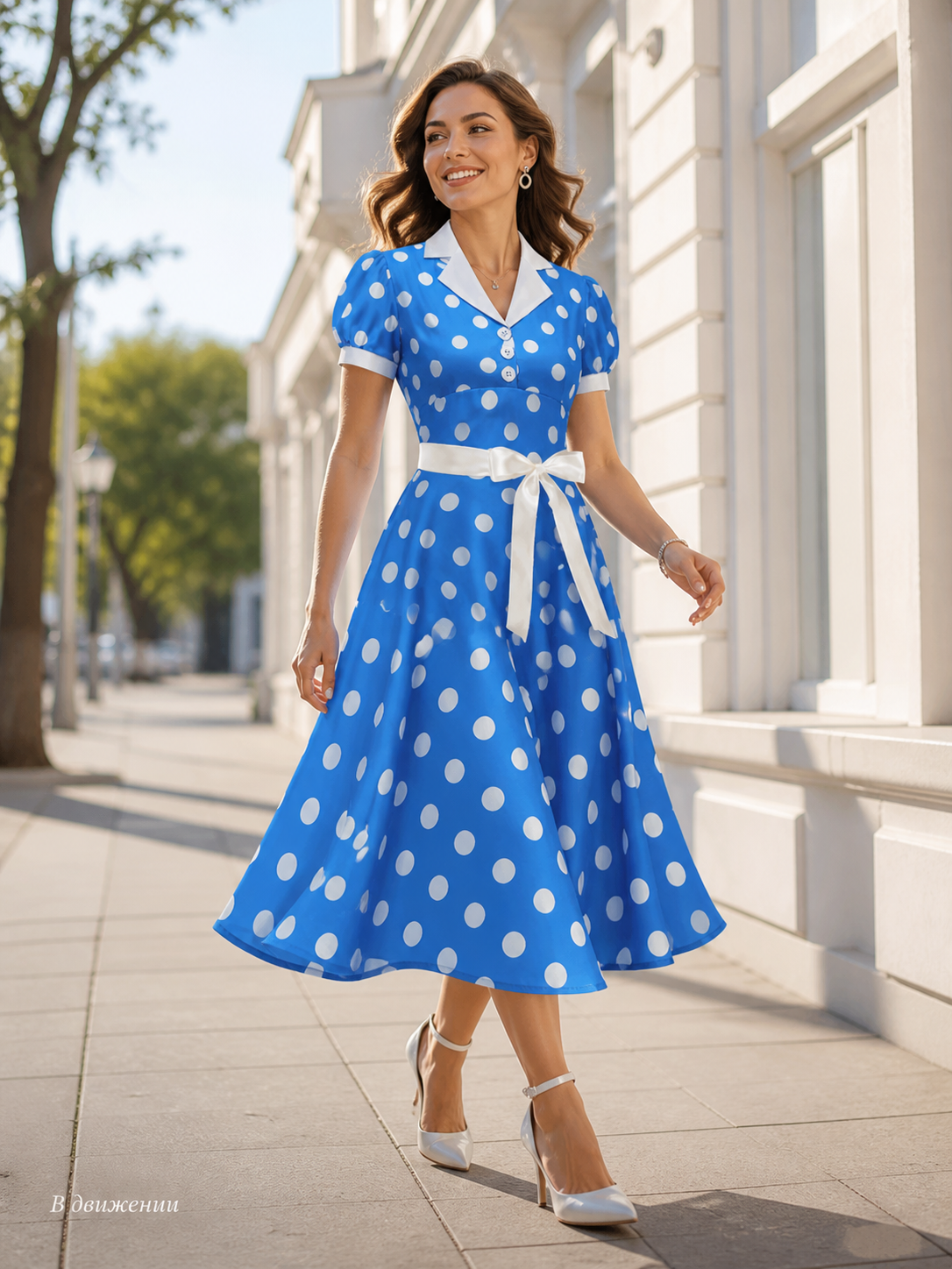 Polka-Dot Dress with a Turn-Down Collar and Bow