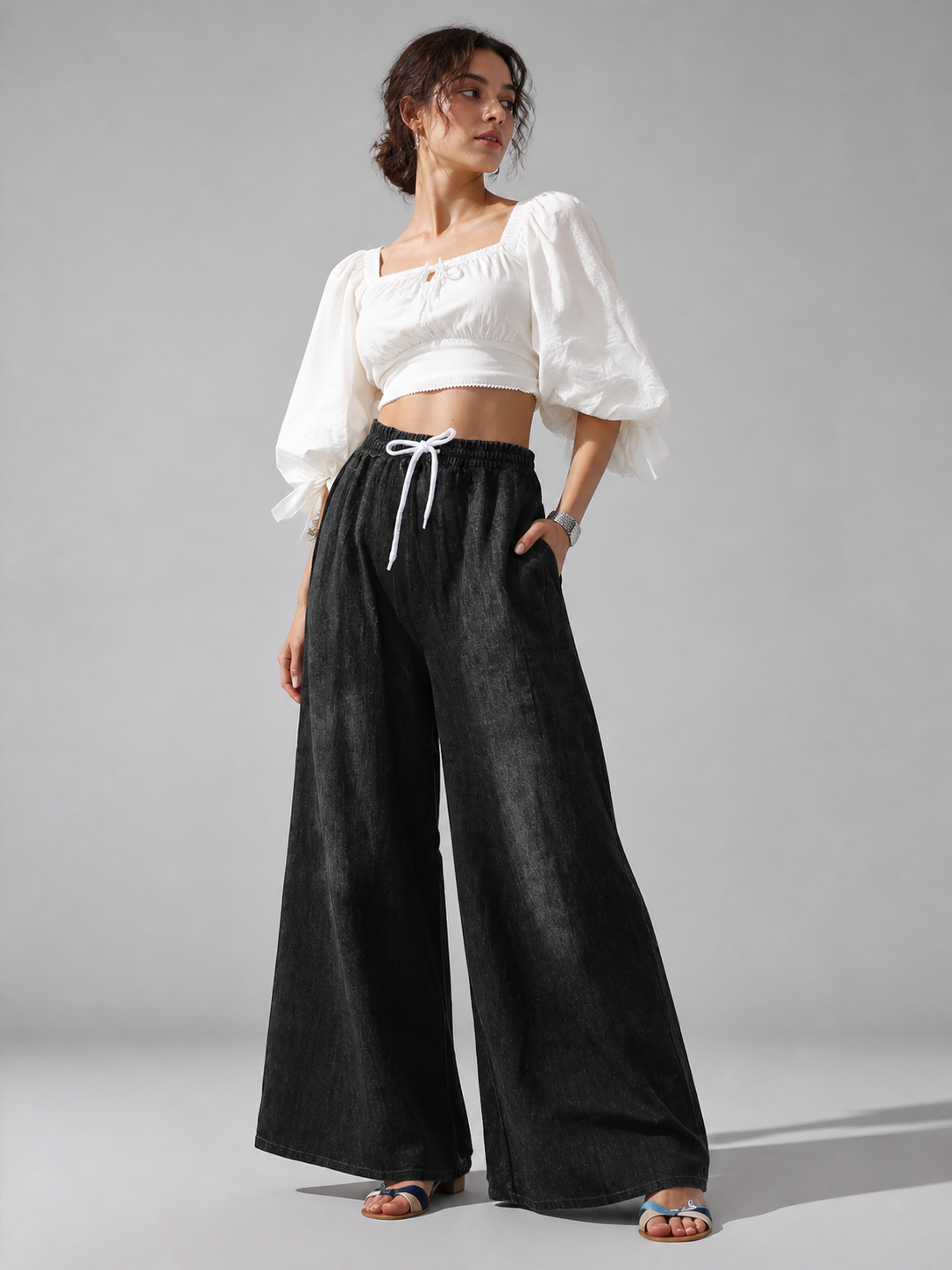 Solid Black Wide-Leg Pants with Elastic Waist and Contrast White Drawstrings