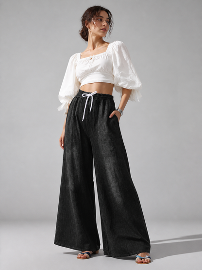 Solid Black Wide-Leg Pants with Elastic Waist and Contrast White Drawstrings
