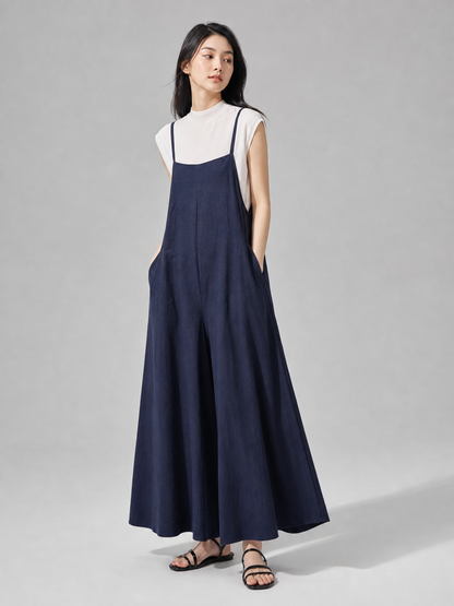 Wide-Leg Bib Overalls, Dark Blue