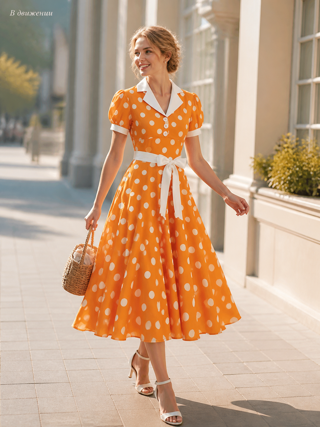 Dress with a White Collar, Bow Belt, and Polka-Dot Print. The dress is designed in an orange-and-white color scheme, with a white polka-dot pattern on an orange background across the upper portion and skirt. A white Peter Pan collar and sho