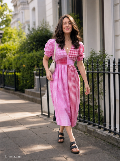 Pink and White Check Midi Dress with V-Neck